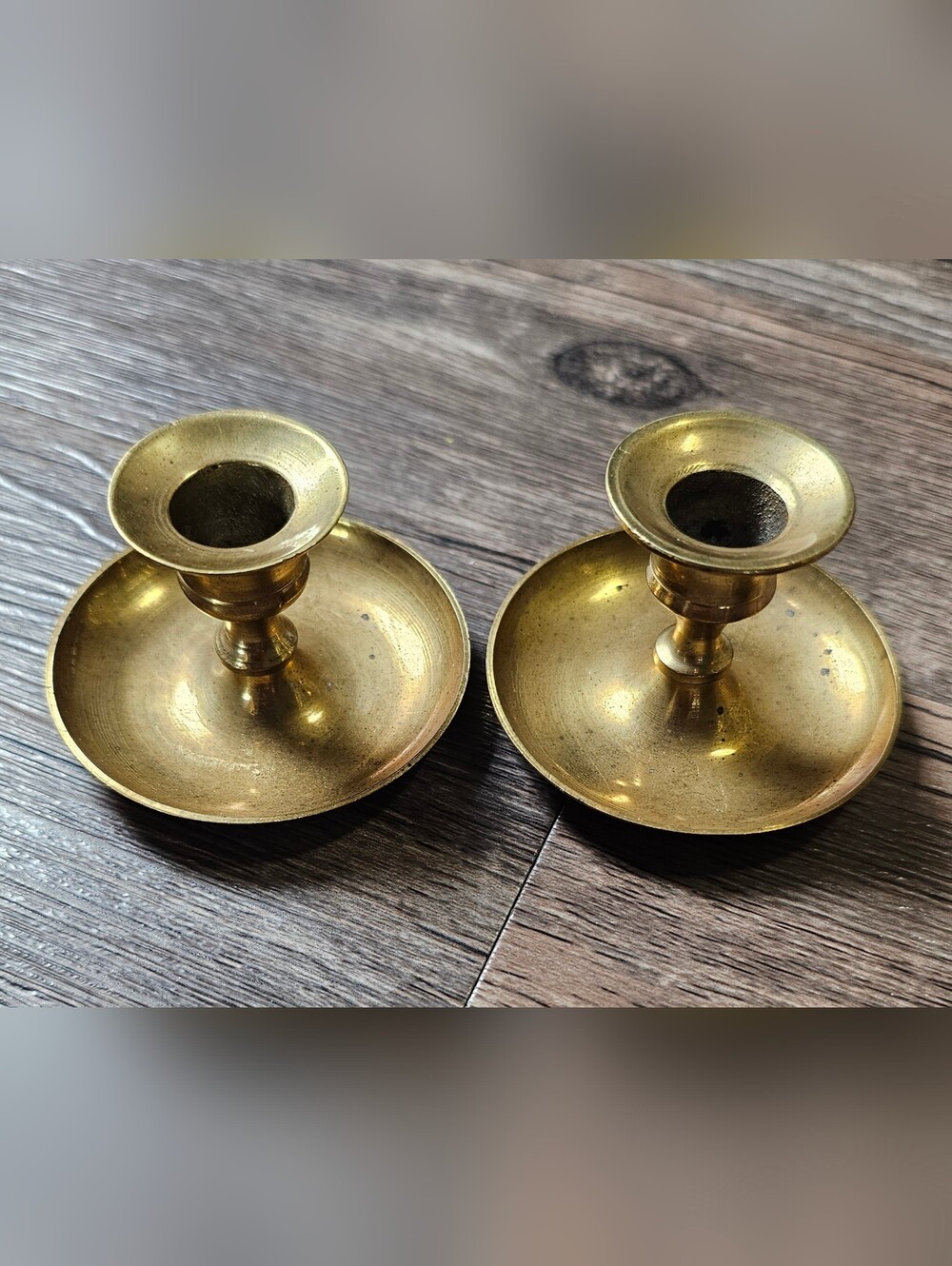 Vintage Matching Set Pair Solid Brass Candlestick Holder Tapered Short Gold Tone